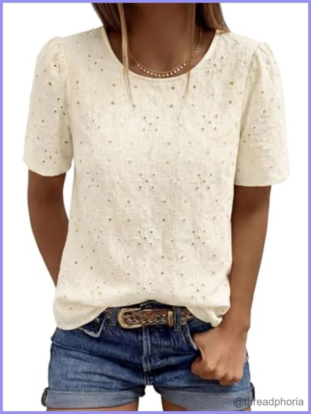 Eyelet Embroidered Short Puff Sleeve Blouse Crew Neck Pullover Top